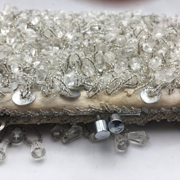 Vintage Beaded Sequin Clutch Evening Bag Wedding Snap White Made Hong Kong Purse - Picture 9 of 16